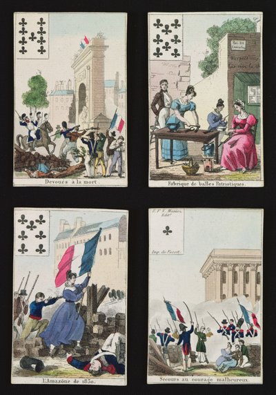 Four playing cards commemorating the heroes of July 1830 by French School